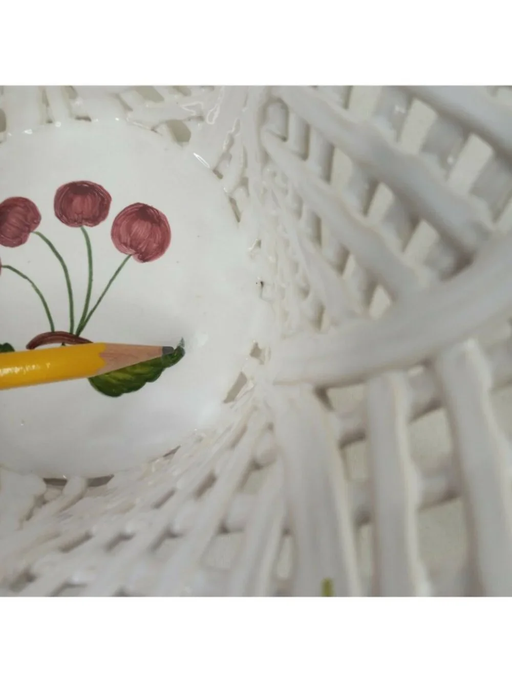 Hand Painted Ceramic White Basket Weave Bowl With Floral Cherry Details Handles